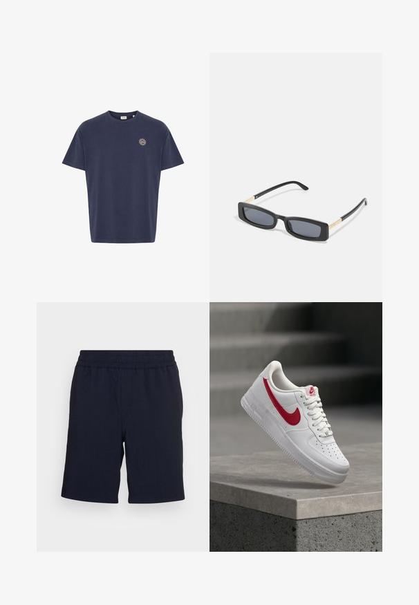 Navyblauwe katoenen t-shirt, korte mouwen, ronde hals, met een klein zonembleem in goud op de linkerborst. Klassieke rechte snit.; Marineblauwe shorts met een elastische tailleband, gemaakt van een zachte stof, met rechte pijpen en zonder zichtbare zakken of patronen.; Witte Nike Air Force 1 sneaker met rood swoosh-logo zwevend boven een betonnen rand en trappen op de achtergrond.; Rechthoekige zwarte zonnebril met donkere lenzen. Slanke, platte armen hebben een gouden accent. Glad kunststof frame met een matte afwerking.