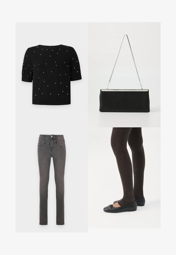 Sort kortærmet sweater med rund halsudskæring og spredte hvide perleaccenter på fronten. Strikket stof med en glat tekstur.; Smaltsiddende jeans i mørkegråt denim med klassisk fem-lomme-design, der har en knaplukning og subtil falming nær hofterne.; Ben iført mørke ribbede leggings kombineret med sorte balletsko med små sløjfedetaljer på hvid baggrund.; Sort læder clutch taske med en sølvmetal kædehåndtag og en slank rektangulær form. Mat tekstur og minimalistisk design med en metallisk accent.