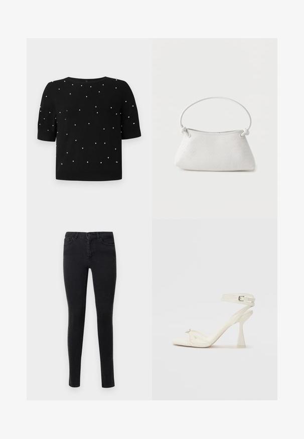Sort kortærmet sweater med rund halsudskæring og spredte hvide perleaccenter på fronten. Strikket stof med en glat tekstur.; Sorte skinny jeans lavet af denim med en glat tekstur. Har forlommer og dekorativ syning langs sidesømmene.; Sandal med høj hæl i hvid læder med et elegant design, en transparent blokhæl og et dekorativt element ved tåen.; Hvid fletlæderhåndtaske med afrundet håndtag og ender på remmen, der er knyttet, vist mod en ensfarvet baggrund.