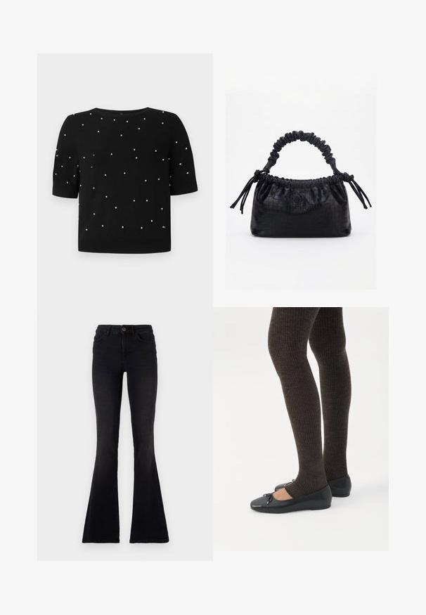 Sort kortærmet sweater med rund halsudskæring og spredte hvide perleaccenter på fronten. Strikket stof med en glat tekstur.; Sorte flagrende jeans lavet af denim. Høj talje med knaplukning, strømlinet design og udtalt flagrende ben i bunden.; Ben iført mørke ribbede leggings kombineret med sorte balletsko med små sløjfedetaljer på hvid baggrund.; Sort taske med krokodilletekstur, rynket øverste kant, samlet hank og snore med kvaster på hver side mod en hvid baggrund.