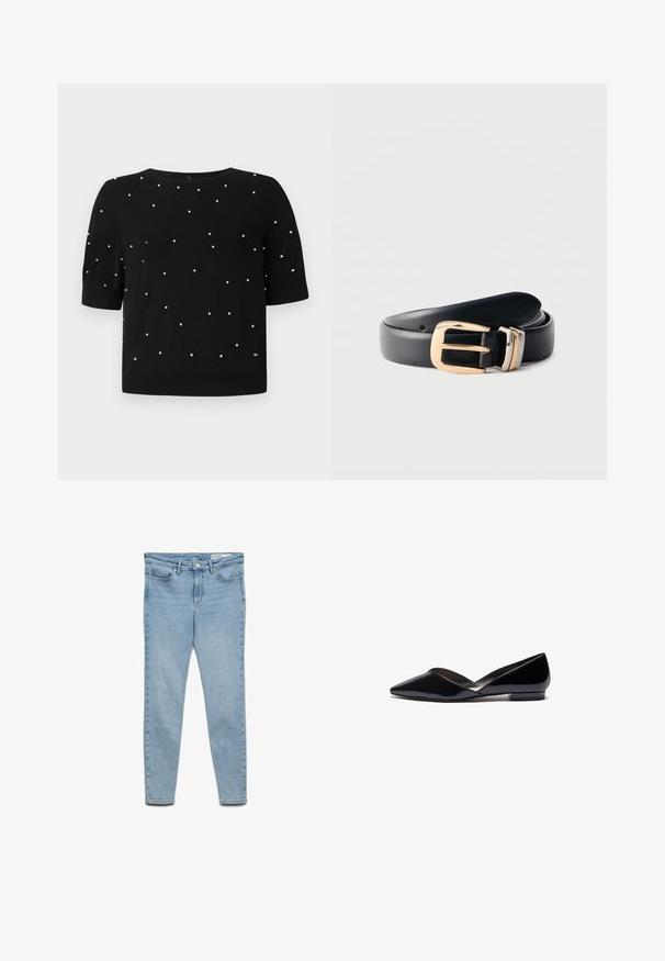 Sort kortærmet sweater med rund halsudskæring og spredte hvide perleaccenter på fronten. Strikket stof med en glat tekstur.; Lyseblå, tætsiddende denimjeans med fem lommer, knaplukning og bæltestropper, vist på hvid baggrund.; Sorte patentlæder flade sko med spids tå, V-formet overdel, slank flad hæl og glat tekstur. Minimalistisk design uden synligt tilbehør.; Sort læderbælte rullet sammen med poleret guldrektangulært spænde og to metalbæltesløjfer på ensfarvet baggrund.