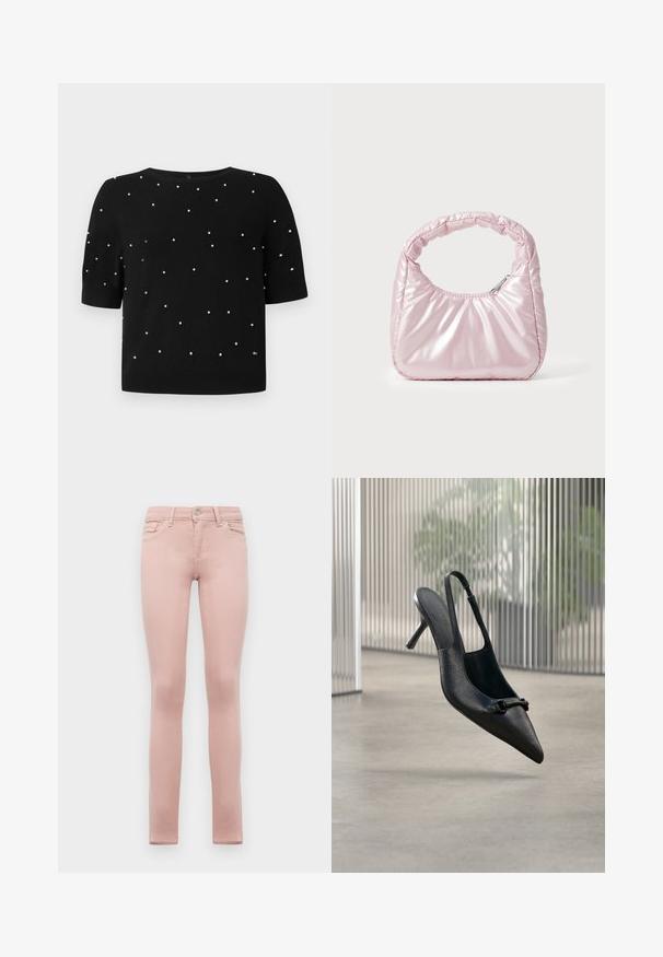 Sort kortærmet sweater med rund halsudskæring og spredte hvide perleaccenter på fronten. Strikket stof med en glat tekstur.; Lyserøde denim skinny jeans med en tætsiddende silhuet, der har lynlås, knaplukning, fem lommer og diskret syninger.; Sort tekstureret læder slingback højhælet sko med spids tå og lille dekorativ spænde, svævende over en glat gulv.; Rosa, polstret håndtaske med afrundet design, lavet af skinnende materiale. Har et samlet håndtag og en lynlås til sikker adgang.