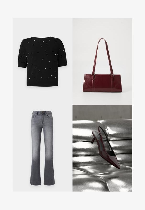 Sort kortærmet sweater med rund halsudskæring og spredte hvide perleaccenter på fronten. Strikket stof med en glat tekstur.; Højtaljede, brede jeans i mørkegråt denim med forlommer, knaplukning og subtilt falmede effekter mod kanten.; Blank mørkerød slingback højhælet sko med spids tå, vist på en skinnende sølvfarvet polstret læderoverflade.; Bordeaux håndtaske lavet af glansfuldt materiale, rektangulær form, med to skulderremme og subtile buede detaljer på forsiden.