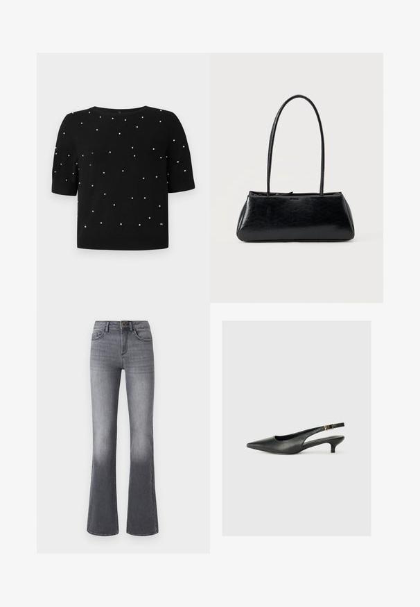 Sort kortærmet sweater med rund halsudskæring og spredte hvide perleaccenter på fronten. Strikket stof med en glat tekstur.; Højtaljede, brede jeans i mørkegråt denim med forlommer, knaplukning og subtilt falmede effekter mod kanten.; Sorte spidse slingback-sko lavet af glat læder. Har en tynd hæl og en spænde detalje på den justerbare rem.; Sort rektangulær skuldertaske med lange tynde stropper og en glat, blank tekstur på en ensfarvet baggrund.