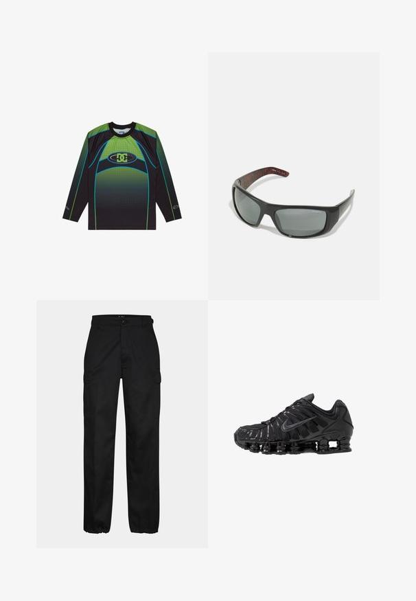 Camisa deportiva de manga larga hecha de tela de malla negra y verde, con un diseño degradado, el logo de DC y acentos azules en contraste.; Pantalones cargo negros con corte recto, con bolsillos laterales, cierre de botón y puños elásticos en los tobillos. Fabricados con material resistente.; Zapatillas deportivas negras fabricadas con malla y materiales sintéticos, con un diseño ondulado distintivo, suela de goma negra y detalles reflectantes.; Arnette HOT SHOT - Gafas de sol - dark grey