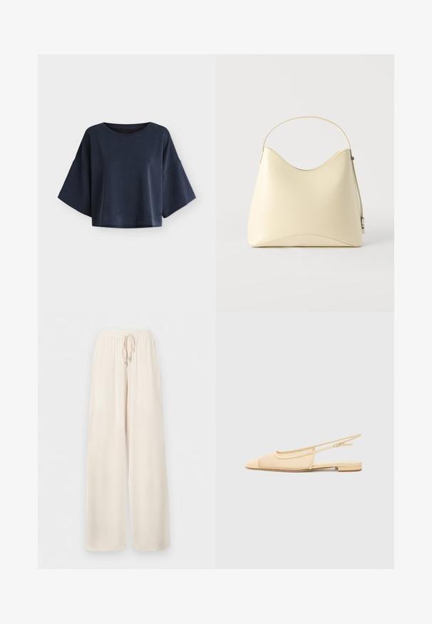 Haut oversize bleu foncé à manches courtes larges et col rond, présenté sur un fond clair uni.; Pantalon ample de couleur crème avec ceinture élastique et cordon de serrage, fabriqué en tissu léger.; Chaussure plate slingback en beige clair avec une tige en maille, un bout pointu et un petit talon. Dotée d'une sangle ajustable pour un bon maintien.; Sac à main en cuir couleur crème avec bord supérieur incurvé et une seule lanière, présenté sur un fond clair uni.