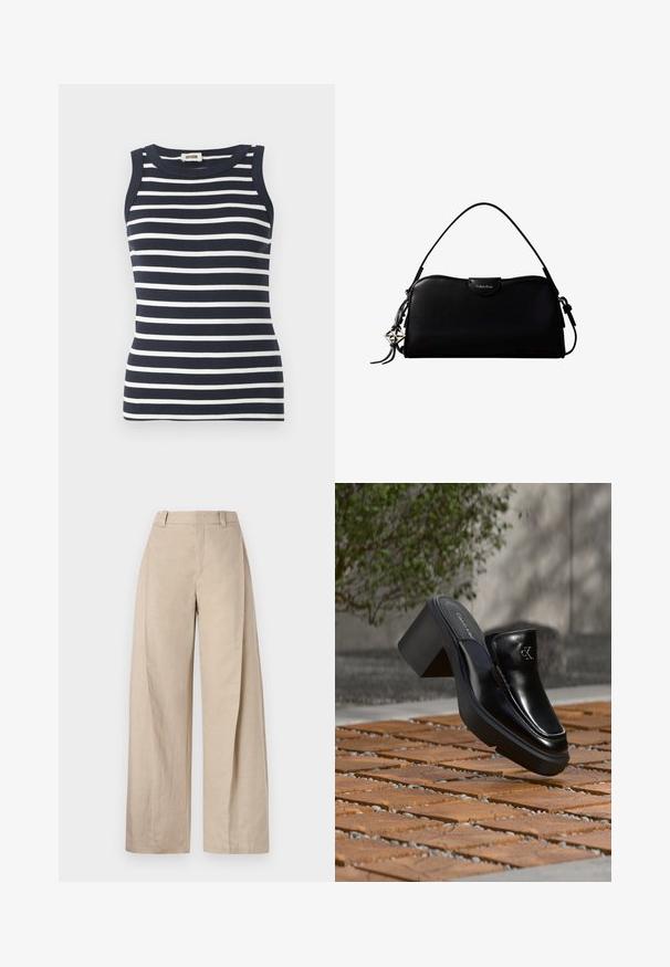 Marineblå og hvidstribet tanktop lavet af ribbet stof, med rund halsudskæring og uden ærmer.; Beige linnedragt med vidde og høj talje, der har en glat tekstur og rene linjer, designet til en afslappet pasform.; Sort læder Calvin Klein slip-on mule med blokhæl, der hviler på trætøj udendørs nær en grøn plante og en grå væg.; Sort rektangulær Calvin Klein håndtaske med enkelt toprem, sølvlogo vedhæng og lille klaplukning foran.