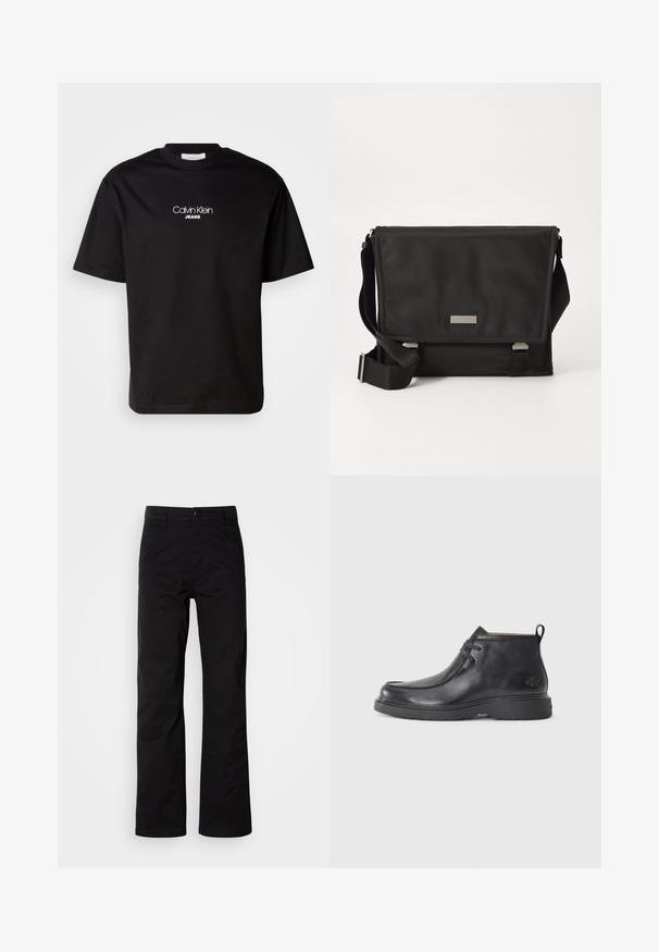 Camiseta de algodón negra con cuello redondo, mangas cortas y logotipo blanco "Calvin Klein JEANS" en el frente. Diseño simple y de corte recto.; Pantalones de algodón negros con un diseño de pierna recta, que cuentan con un cierre de botón y lazos para cinturón. Textura suave y estilo minimalista sin patrones visibles.; Botas de cuero negras hasta el tobillo con punta redondeada, diseño con cordones y una lengüeta en la parte trasera. Parte superior texturizada y suela de goma.; Maletín negro hecho de nailon con acabado mate. Presenta un cierre con solapa, una correa ajustable y una pequeña placa con el logo metálico.