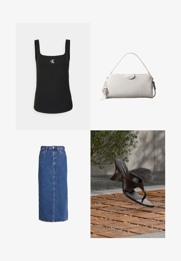 Sort ærmeløs ribbet tanktop med firkantet halsudskæring og lille hvidt CK-logo midt på brystet.; Denim midi nederdel i mellemblå med lige snit, forkant knaplukning, to sidelommer og synlige sømme for struktur.; Brun Calvin Klein hælet thong sandal svævende over træflise og grus udendørs med sløret grønt og stenmur i baggrunden.; Hvid rektangulær Calvin Klein håndtaske med enkelt håndtag, minimalistisk design og dekorative kvaster med geometrisk metalvedhæng på siden.