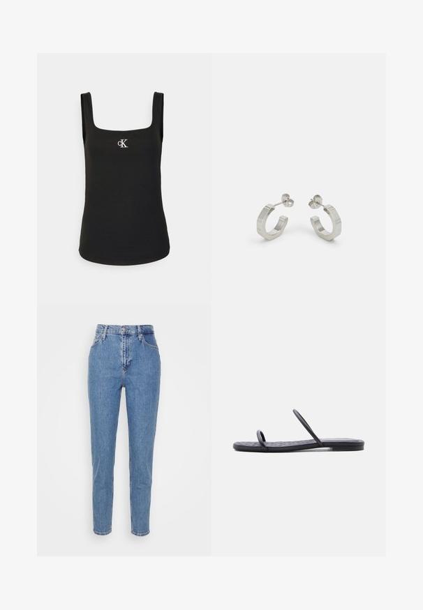 Sort ærmeløs ribbet tanktop med firkantet halsudskæring og lille hvidt CK-logo midt på brystet.; Blå højtaljede lige jeans med frontknap og lynlås, bæltestropper og lommer, præsenteret på en ensfarvet hvid baggrund.; Sort flad sandal med tynd quiltet sål og to smalle stropper over tæerne og midtfoden, vist i sideprofil på hvid baggrund.; Sølv metal hoop øreringe med et tekstureret design, der har en lille post bagpå og branding på en af øreringene. Rund form med en poleret overflade.