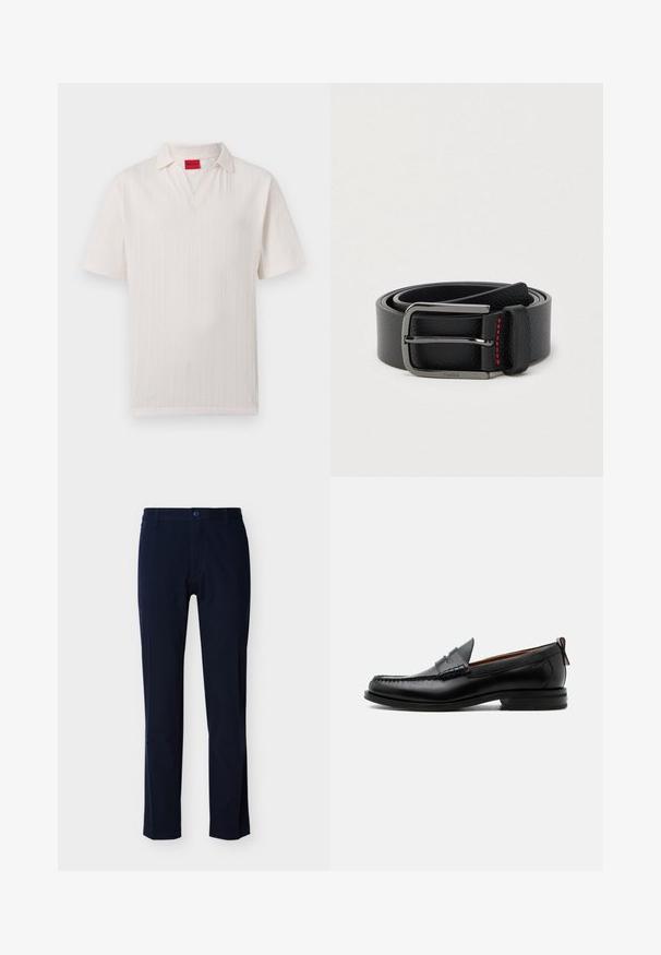 Polo blanc à manches courtes en tissu texturé, avec une étiquette de marque Hugo rouge à l'intérieur du col et une ouverture en V.; Un pantalon en coton bleu marine présente un devant plat, des jambes droites, une braguette à glissière et une fermeture par un seul bouton. Aucun motif ou accent visible.; Mocassin homme en cuir noir avec couture moc toe, bride penny, col texturé et petit talon empilé sur fond blanc.; Ceinture en cuir noir avec une boucle argentée et des coutures rouges, enroulée sur un fond clair uni.