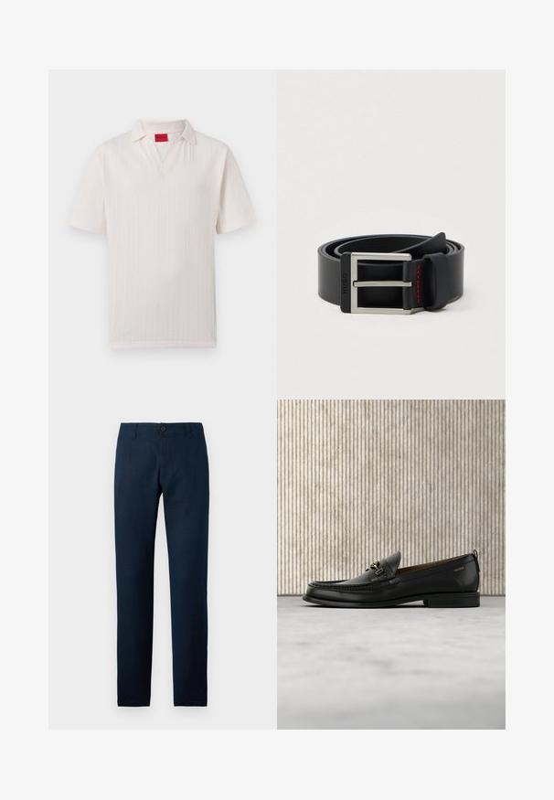 Polo blanc à manches courtes en tissu texturé, avec une étiquette de marque Hugo rouge à l'intérieur du col et une ouverture en V.; Pantalon droit bleu marine avec passants pour ceinture, fermeture à boutons et braguette zippée sur un fond clair uni.; Mocassin en cuir noir avec mors en métal doré et logo "HUGO", présenté sur un tapis beige et un meuble translucide marron.; Ceinture en cuir noir enroulée avec une boucle métallique rectangulaire argentée et un détail de couture rouge près de la boucle.