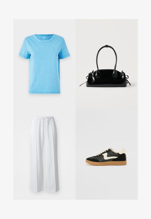 Camiseta de algodón de color azul claro con cuello redondo, mangas cortas y detalles de costura visibles en los dobladillos. Diseño simple y sin adornos.; Pantalones blancos de pierna ancha con cinturilla ajustable. Hechos de una tela ligera, con una textura suave y un diseño minimalista.; Zapatillas de deporte de ante y cuero negro con un swoosh lateral en crema y un talón en crema claro. Presenta cordones beige y una suela de goma marrón.; Pequeño bolso negro brillante con dos asas largas y detalles de cordón lateral sobre un fondo claro liso.