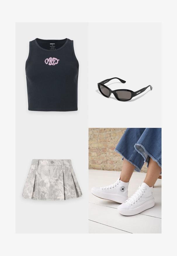 Čierny rebrovaný crop top vyrobený z bavlny s okrúhlym výstrihom a vyšívaným ružovým logom "OBEY" naprieč priehlavkom.; Sivá džínsová sukňa s plisovaním, s jemným vzorom lístkov v svetlejších odtieňoch. Klasický strih s pásom a kovovým zapínaním.; Osoba nosiace biele vysoké tenisky Converse s hrubými podrážkami a skrátené modré rifle s ošúchaným lemom na pozadí tehlovej steny a bielej podlahy.; Čierne slnečné okuliare s obdĺžnikovým rámom, tmavými šošovkami, hladkým plastovým materiálom a kovovým akcentom na ramene.