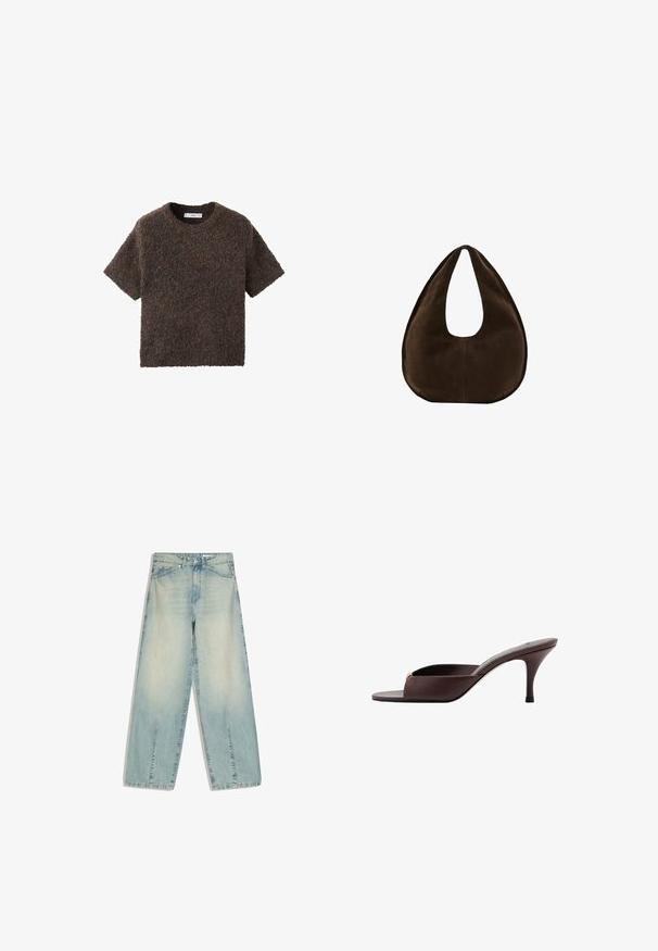 T-shirt à manches courtes, col ras du cou, en matériau moelleux et texturé. Couleur marron foncé avec des variations subtiles. Design simple et droit.; Jean en denim bleu clair à jambes larges avec poches avant, passants pour ceinture, fermeture par bouton et détails légèrement délavés.; Mule marron foncé à bout ouvert, talon bas incurvé et large bride sur l'avant.; Sac à main en daim marron foncé en forme de croissant avec une seule sangle large et une texture lisse sur fond blanc.