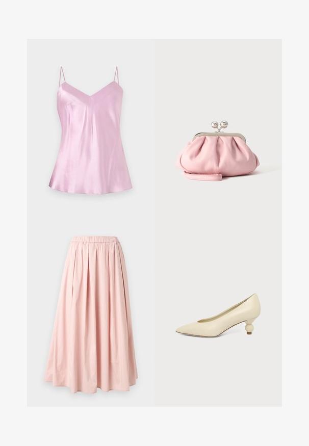 Camisole en satin rose clair avec fines bretelles spaghetti réglables et un léger décolleté en V, présenté sur un fond blanc uni.; Jupe longue plissée rose clair avec taille élastique et tissu fluide, présentée sur un fond gris clair uni.; Chaussure femme couleur crème à bout pointu avec un petit talon rond en forme de boule, sur fond uni.; Petit sac pochette doux rose avec cadre métallique argenté et fermoir rond, reposant sur une surface plate et claire avec une bride de poignet repliée devant.