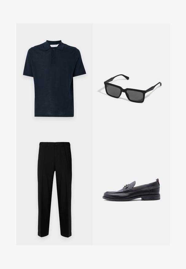 Polo bleu marine fabriqué en matériau doux, à manches courtes, col classique, patte de boutonnage à trois boutons et coupe décontractée.; Pantalon noir en tissu lisse, présentant une coupe droite, deux poches avant et une fermeture à glissière avec bouton.; Mocassin en cuir noir avec empeigne texturée grise, détail boucle en métal argenté, petit talon et languette à l'arrière.; Lunettes de soleil noires avec des verres rectangulaires, finition mate, épaisses montures et branches fines comprenant un subtil détail de marque.