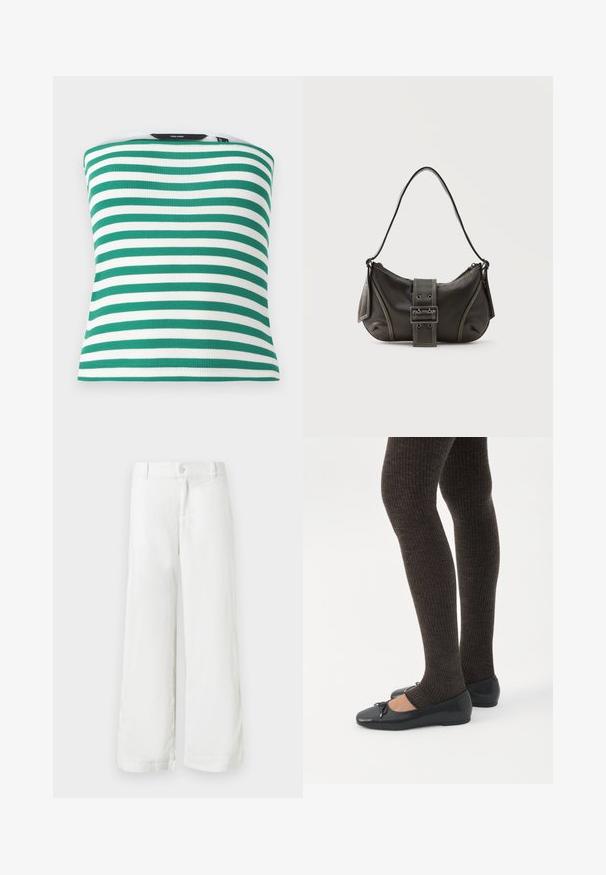Débardeur à rayures vertes et blanches en tissu côtelé, offrant une coupe ajustée et un ourlet droit. Pas de matériel ou accents visibles.; Pantalon blanc à jambes larges avec fermeture à boutons et à glissière, passants pour ceinture et poches latérales, présenté sur un fond blanc.; Jambes portant des leggings côtelés foncés associés à des ballerines noires avec de petits détails en nœud sur fond blanc.; Sac à épaule en cuir noir avec une sangle à boucle, des bords arrondis et des coutures blanches contrastées sur un fond uni.