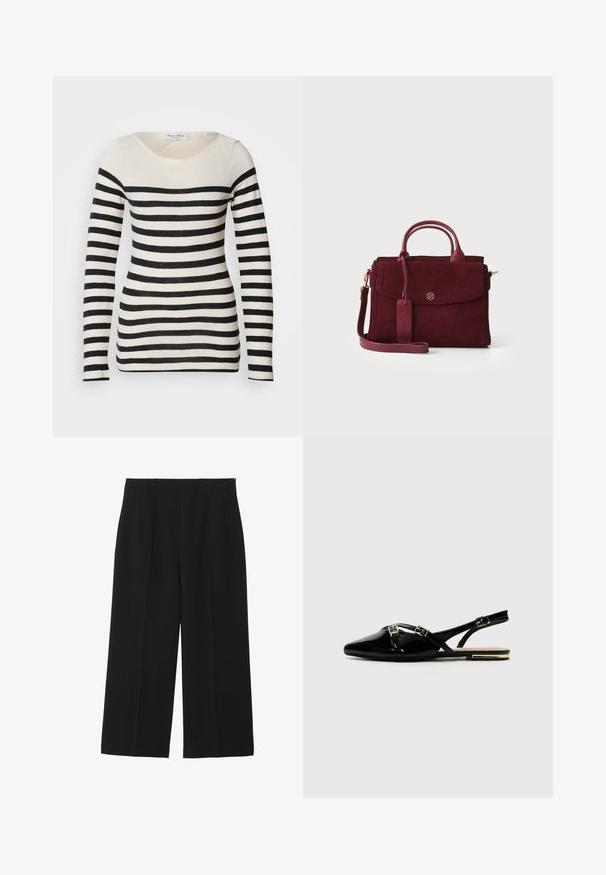 Top de manga larga a rayas en beis y negro. Cuenta con un escote redondeado y rayas horizontales de diferentes anchos. Textura de tela suave.; Pantalones de pierna ancha negros, hechos de tela suave, con dos bolsillos frontales, parte delantera plana y cierre de cremallera en el lateral.; Zapatos slingback de charol negro con punta afilada, que cuentan con dos hebillas doradas y un tacón pequeño. Textura suave y diseño minimalista.; Bolso de ante burdeos con un diseño estructurado, asas superiores, correa de hombro desmontable y un cierre de solapa frontal con un acento dorado.