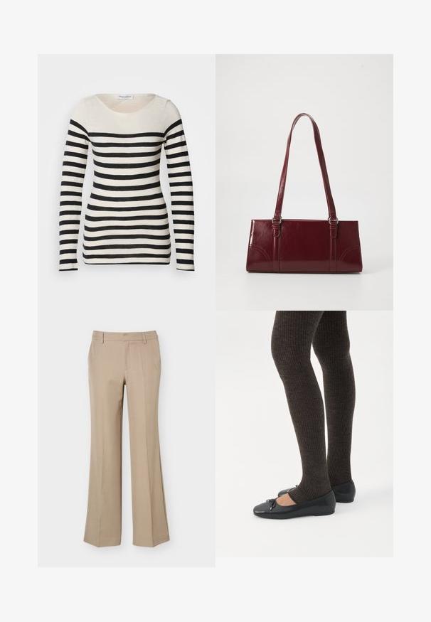Top de manga larga a rayas en beis y negro. Cuenta con un escote redondeado y rayas horizontales de diferentes anchos. Textura de tela suave.; Pantalones de vestir beige para mujer con trabillas, pliegue frontal y corte recto de pierna ancha sobre un fondo blanco liso.; Piernas con leggings oscuros acanalados combinados con bailarinas negras que presentan pequeños detalles de lazo sobre un fondo blanco.; Bolso burdeos hecho de material brillante, de forma rectangular, con dos asas para el hombro y sutiles acentos curvados en la parte frontal.