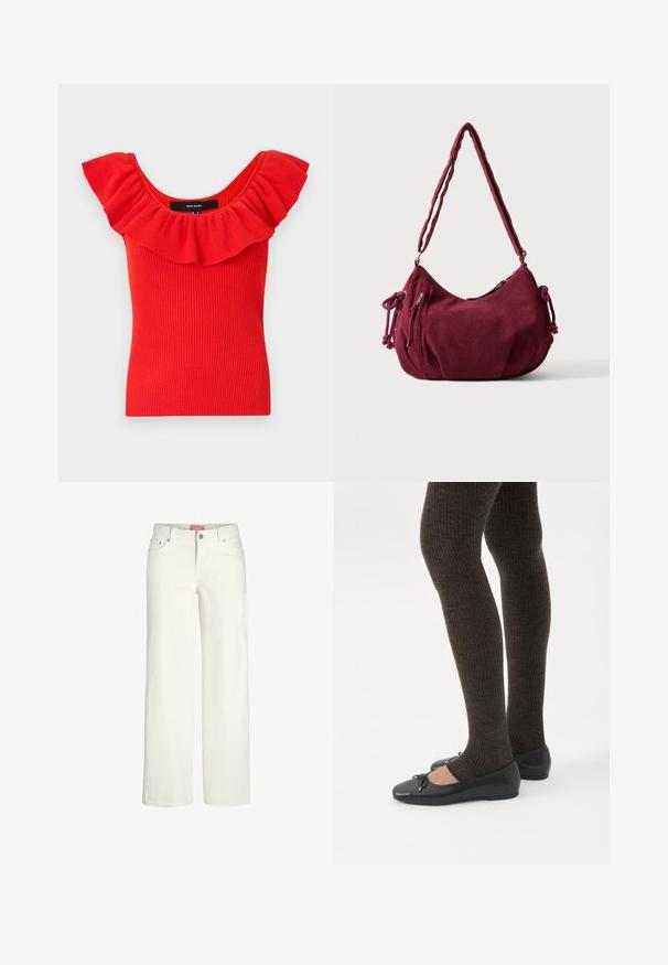 Haut rouge à rayures avec un décolleté large et froncé. Le matériau a une texture douce avec une silhouette ajustée. Étiquette de la marque visible à l'intérieur.; Jean large blanc en denim avec une texture lisse. Comprend cinq poches, une fermeture à bouton et un design taille légèrement haute.; Jambes portant des leggings côtelés foncés associés à des ballerines noires avec de petits détails en nœud sur fond blanc.; Sac d'épaule en velours côtelé bordeaux doux avec une sangle réglable, fermeture éclair, liens latéraux et une poche avant zippée.