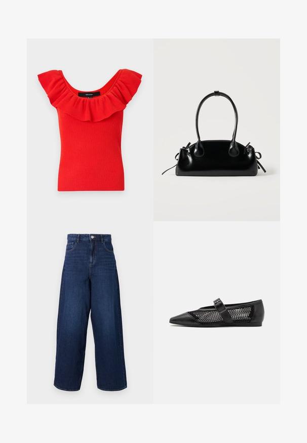 Haut rouge à rayures avec un décolleté large et froncé. Le matériau a une texture douce avec une silhouette ajustée. Étiquette de la marque visible à l'intérieur.; Jean en denim bleu foncé à jambes larges, taille haute, cinq poches et fermeture à bouton. Le tissu a une texture lisse avec un léger délavage.; Chaussure plate noire avec un bout pointu, panneaux latéraux en maille et une sangle avec une boucle décorative. Fini lisse sur les sections du bout et du talon.; Petit sac à main noir brillant avec deux longues anses et des détails à cordon sur les côtés sur un fond clair uni.