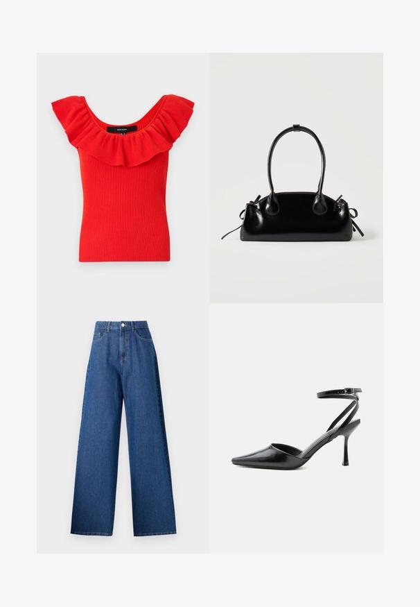 Haut rouge à rayures avec un décolleté large et froncé. Le matériau a une texture douce avec une silhouette ajustée. Étiquette de la marque visible à l'intérieur.; Jean en denim à jambe large de couleur bleu foncé, avec une taille haute, une fermeture à bouton à l'avant et un design classique à cinq poches. Texture lisse, sans motifs.; Escarpin noir à bout pointu avec fines brides de cheville et fermeture à boucle argentée sur fond clair uni.; Petit sac à main noir brillant avec deux longues anses et des détails à cordon sur les côtés sur un fond clair uni.