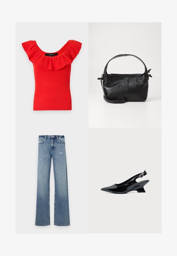Haut rouge à rayures avec un décolleté large et froncé. Le matériau a une texture douce avec une silhouette ajustée. Étiquette de la marque visible à l'intérieur.; Jean en denim bleu clair avec une taille haute, une coupe large, un léger effet usé et une structure classique à cinq poches.; Chaussure slingback en cuir verni noir avec bout pointu et petit talon bloc incliné sur fond clair uni.; Sac à main en cuir noir au design structuré, avec une poignée arrondie et une bandoulière amovible. Présente une texture lisse et un éclat subtil.