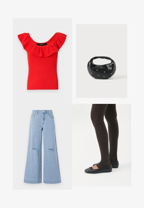 Haut rouge à rayures avec un décolleté large et froncé. Le matériau a une texture douce avec une silhouette ajustée. Étiquette de la marque visible à l'intérieur.; Jeans taille haute bleu clair à jambes larges, dotés de deux poches avant et de deux détails de genoux déchirés, fabriqués en matériau denim.; Jambes portant des leggings côtelés foncés associés à des ballerines noires avec de petits détails en nœud sur fond blanc.; Sac à main en cuir noir de forme arrondie, décoré de clous argentés et équipé d'une poignée courte. Texture lisse et fermeture éclair.