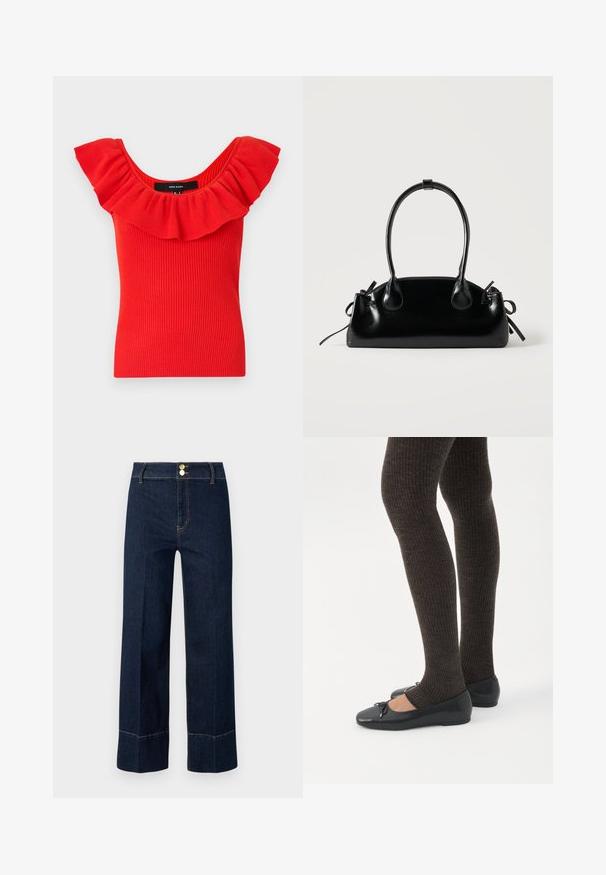 Haut rouge à rayures avec un décolleté large et froncé. Le matériau a une texture douce avec une silhouette ajustée. Étiquette de la marque visible à l'intérieur.; Jeans taille haute large bleu marine avec double bouton doré et surpiqûres orange visibles sur un fond clair.; Jambes portant des leggings côtelés foncés associés à des ballerines noires avec de petits détails en nœud sur fond blanc.; Petit sac à main noir brillant avec deux longues anses et des détails à cordon sur les côtés sur un fond clair uni.