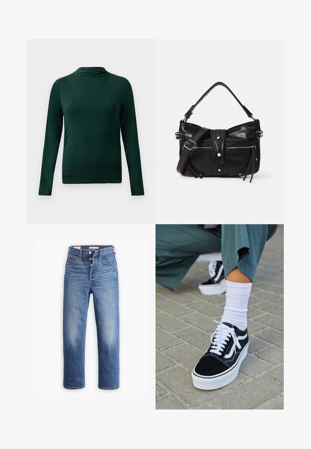Mørkegrøn langærmet let top med høj hals og tætsiddende silhuet mod en ensfarvet lys baggrund.; Blå denim jeans med høj talje, lige ben og udtværede områder. Har forlommer og metalbeslag.; Sorte ruskinds sneakers med hvide accenter og snørebånd, der har en tyk hvid sål og kontrasterende syninger, parret med en hvid sok.; Even&Odd by Zalando H24462 - Håndtasker - black