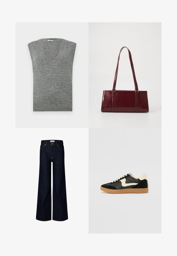 Grauer ärmelloser V-Ausschnitt-Pullover aus weichem Material mit glatter Textur und geripptem Ausschnitt. Einfaches Design, ohne Muster oder Akzente.; Dunkelblaue Denim-Jeans mit weitem Bein, vorne mit Knopf und Reißverschluss, Gürtelschlaufen und vorderen Taschen, auf weißem Hintergrund dargestellt.; Schwarze Wildleder- und Leder-Sneaker mit einem cremefarbenen Seiten-Swoosh und einer hellcremefarbenen Ferse. Ausgestattet mit beige Schnürsenkeln und einer Gummilaufsohle.; Burgunderfarbene Handtasche aus glänzendem Material, rechteckige Form, mit zwei Schulterriemen und subtilen, geschwungenen Akzenten an der Vorderseite.