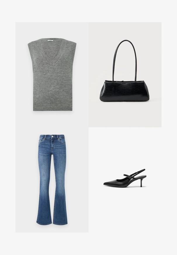 Suéter gris sin mangas en cuello en V, confeccionado en un material suave con una textura lisa y cuello acanalado. Diseño simple, sin patrones ni acentos.; Jeans de mezclilla azul de pata de elefante con un lavado medio, que cuentan con cinco bolsillos, un cierre de botón y una textura ligeramente desgastada en el dobladillo.; Zapatos de tacón slingback de cuero negro con punta afilada, correa ajustable delgada y un tacón de aguja de aproximadamente 5 cm, textura suave.; Bolso de hombro rectangular negro con correas largas y delgadas y una textura lisa y brillante sobre un fondo liso.