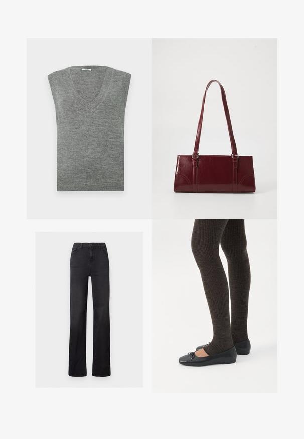 Grauer ärmelloser V-Ausschnitt-Pullover aus weichem Material mit glatter Textur und geripptem Ausschnitt. Einfaches Design, ohne Muster oder Akzente.; Schwarze Denim-Jeans mit geradem Bein, hoher Taille, Fünf-Taschen-Design und sichtbaren Nähten. Glatte Textur mit leicht ausgeblichenem Finish.; Beine in dunklen, gerippten Leggings kombiniert mit schwarzen Ballerinas mit kleinen Schleifendetails auf weißem Hintergrund.; Burgunderfarbene Handtasche aus glänzendem Material, rechteckige Form, mit zwei Schulterriemen und subtilen, geschwungenen Akzenten an der Vorderseite.