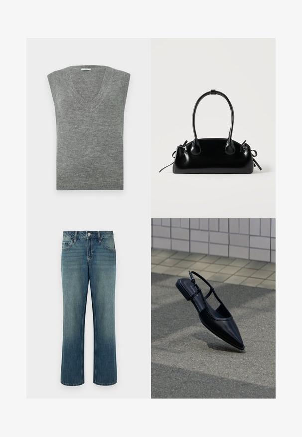 Grauer ärmelloser V-Ausschnitt-Pullover aus weichem Material mit glatter Textur und geripptem Ausschnitt. Einfaches Design, ohne Muster oder Akzente.; Blaue Jeans aus Denim mit geradem Schnitt, mittlerer Bundhöhe, fünf Taschen und dezentem Used-Look. Mit Knopfverschluss und Gürtelschlaufen.; Schwarzer, spitz zulaufender Slingback-Flachschuh, der über einer Asphaltfläche neben einem gefliesten Bürgersteig schwebt.; Kleine schwarze glänzende Handtasche mit zwei langen Griffen und seitlichen Kordelzug-Details vor einfachem hellem Hintergrund.