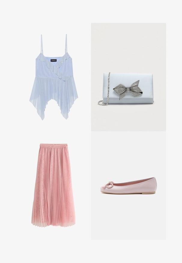 Even&Odd Top - sky blue; Roze geplooide midi-rok met een kanten onderlaag en een geplooide tailleband, getoond op een witte achtergrond.; Lichtroze lakleren ballerina met afgeronde neus, gedraaide koordstrik aan de voorkant en lage beige zool op een witte achtergrond.; Lichtblauwe satijnen clutch met een zilveren kettingband en een grote strikdecoratie met rhinestones op de voorklep.