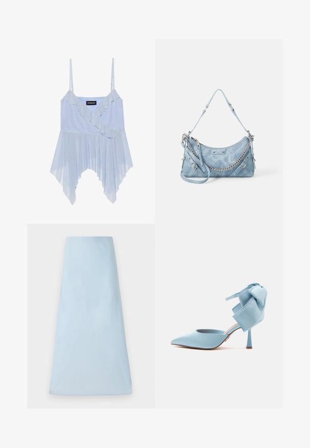 Even&Odd Top - sky blue; Lys blå A-linjeet nederdel lavet af et glat stof, med et rent design uden synlige mønstre eller accenter, der når til midten af låret.; Lyseblå højhælede spidse sko med stiletthæl og stor dekorativ sløjfe på bageste ankelrem.; ALDO FARALAELIAX - Håndtasker - blue