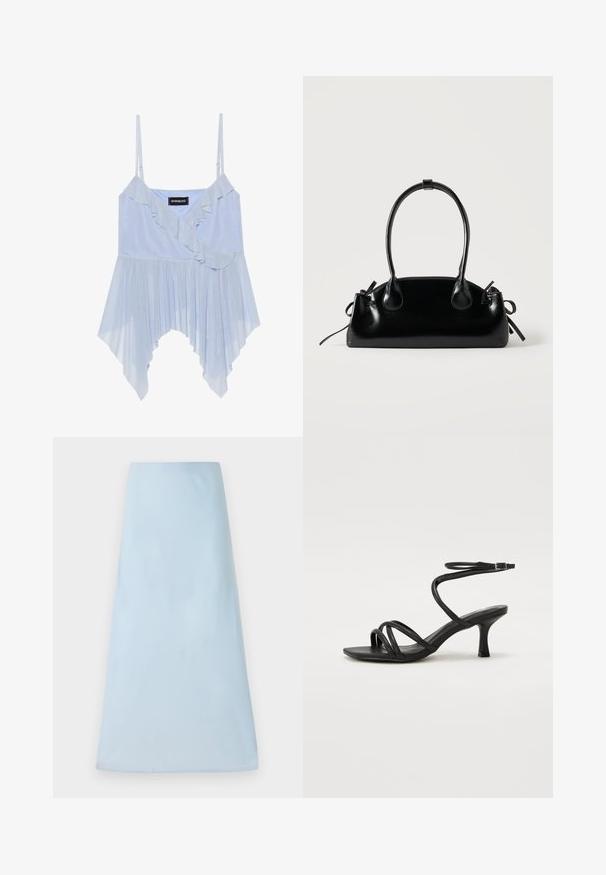 Even&Odd by Zalando Top - sky blue; Lichtblauwe A-lijn rok van een soepele stof, met een strak design zonder zichtbare patronen of accenten, die tot halverwege de benen reikt.; Even&Odd Wide Fit by Zalando Sandalen - black; Kleine zwarte glanzende handtas met twee lange hengsels en zijkant trekkoord details op een effen lichte achtergrond.
