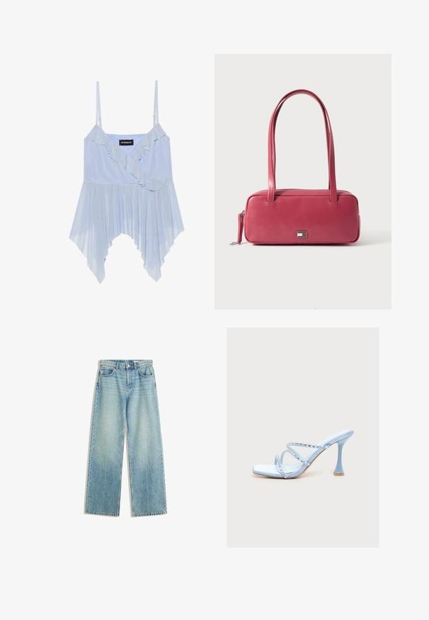 Even&Odd Top - sky blue; Lichtblauwe denimjeans met een wijde pijp, middelhoge taille, vijf zakken, contrasterende stiknaad en minimale vervaging voor een klassieke uitstraling.; Lichtblauwe sandaal met hoge hak en drie dunne bandjes versierd met kleine zilverkleurige studs op een effen lichte achtergrond.; Roze leren handtas met een rechthoekige vorm, dubbele handvatten en een klein metalen embleem aan de voorkant, met een gladde, glanzende textuur.