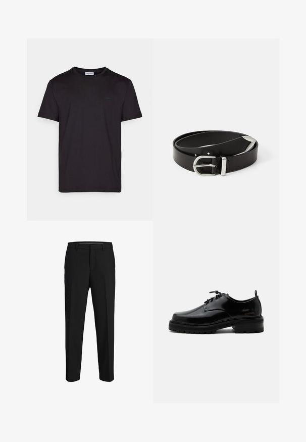 Schwarzes T-Shirt mit kurzen Ärmeln, aus glattem Baumwollmaterial, mit einem runden Halsausschnitt und einem dezenten Logo-Tag auf der Brust. Schlichtes und einfaches Design.; Schwarze Hose aus glattem Material, mit geradem Schnitt, Gürtelschlaufen und flachem Vorderteil ohne sichtbare Muster oder Verzierungen.; Schwarzer polierter Lederschnürschuh mit dicker Gummisohle und niedrigem Absatz, seitlichem Marken-Schriftzug "SAMSOE" und hinterer Zuglasche.; Schwarzer Ledergürtel mit einer silbernen Metallschnalle, die ein klassisches Design und eine glatte Textur aufweist. Mit Löchern für eine verstellbare Passform.