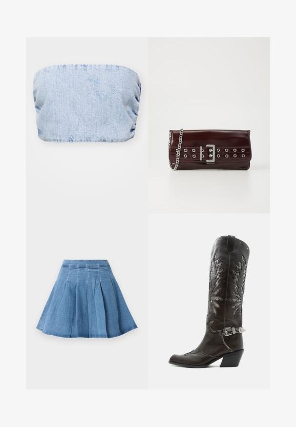 Hele sinine denim ilma randmeteta topp, millel on kogutud tekstuur ja siledad pinnad, sobib igapäevaseks kandmiseks.; Heled sinine teksaseelikut, millel on istuv talje ja alläärest laienemine, sisaldab peeneid õmblustead ja sile pind.; Mustast nahast kameelisaap kaunistavate lõigetega, hõbedase pandla ja kaldu kannaosaga, valgel taustal.; Burgundia faux nahast kott hõbedase ahela rihmaga, millel on pandla disain ja metallist silmad üle esiosa, et lisada detaili.