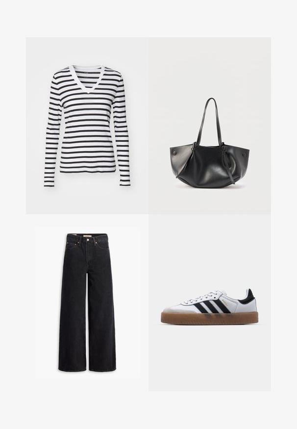 Langærmet V-hals T-shirt i sort og hvid lodrette striber, fremstillet af blødt stof med en tætsiddende design og kontrastfarvet halsudskæring.; Sorte brede benjeans lavet af denim, med fem lommer, kobbernitter og en klassisk knaplukning. Glat tekstur med et rent design.; Hvide lædersneakers med sorte striber, gummirubber sål, rund tå, snørelukning og blød grå ruskinds tåhætte.; Sort skuldertaske i læder med to lange remme, en blød rundet form og knapdetaljer på hver side.