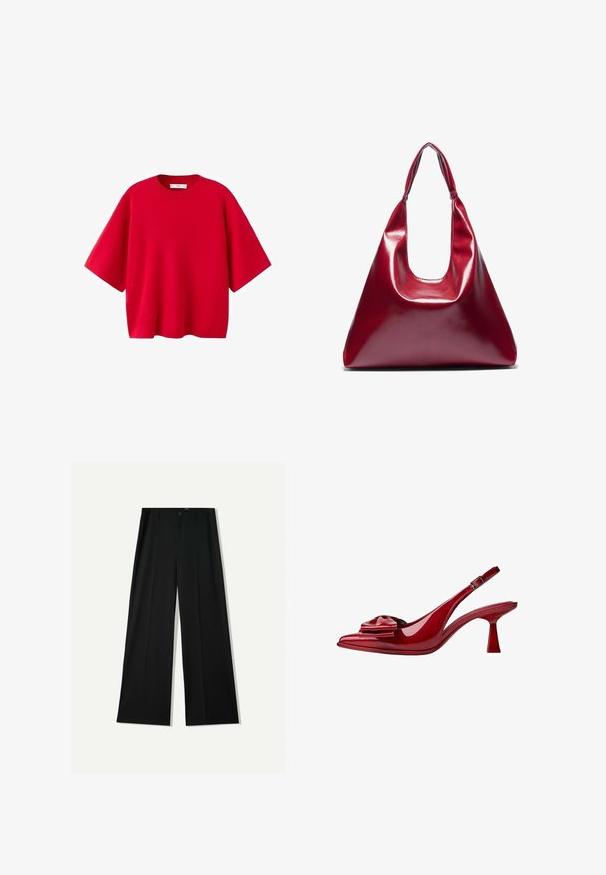 Pull tricot rouge à manches courtes avec un col rond et une coupe ample et carrée.; Bershka WIDE - Pantalon classique - black; Pompe à talon slingback en cuir verni rouge avec un bout pointu, un nœud décoratif sur le devant et un talon moyen effilé. Bride ajustable à la cheville.; Sac à main en cuir laqué rouge de forme triangulaire, avec une large ouverture en haut et une seule anse courbée. Texture lisse avec des détails de couture minimaux.