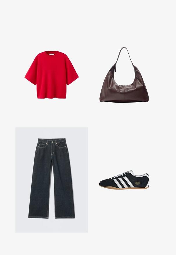 Pull tricot rouge à manches courtes avec un col rond et une coupe ample et carrée.; Jean large à jambes larges bleu foncé avec bouton devant, fermeture éclair, passants pour ceinture et style cinq poches sur un fond clair uni.; Sneakers en suede noir avec trois bandes blanches, logo doré et semelle en caoutchouc marron. Présente un design à lacets à profil bas.; Sac à bandoulière en cuir brun foncé avec une seule sangle et une fermeture éclair sur un côté, structure souple et décontractée, texture lisse.