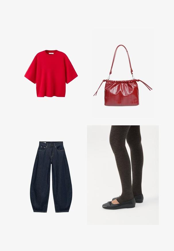 Pull tricot rouge à manches courtes avec un col rond et une coupe ample et carrée.; Jean en denim bleu foncé à jambes larges avec poches avant, passants de ceinture et fermeture par bouton à la taille.; Jambes portant des leggings côtelés foncés associés à des ballerines noires avec de petits détails en nœud sur fond blanc.; Sac à main en cuir verni rouge avec un haut froncé, une bandoulière réglable et des liens latéraux. Texture lisse avec des lignes verticales subtiles.