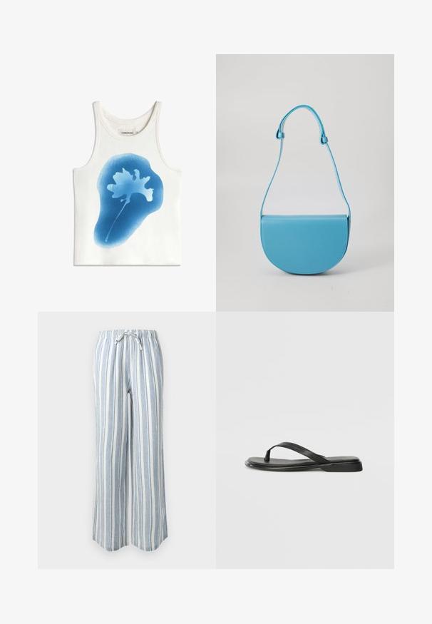 Débardeur blanc sans manches en tissu côtelé avec un motif de fleur abstraite bleue centré à l'avant et étiquette THINKING MU à l'intérieur du col.; Pantalon à jambes larges rayé verticalement bleu clair et blanc, avec taille élastique et cordon de serrage.; Tongs noires en cuir lisse, avec un design de sangle fine et une semelle plate à profil minimal. Aucun motif ou accent notables.; Sac à main semi-circular bleu en cuir lisse avec une seule bandoulière réglable et un design minimaliste. Surface brillante avec des bords nets.