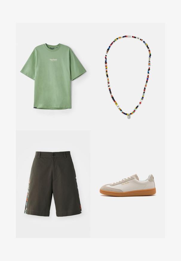 Grøn kortærmet t-shirt lavet af bomuld, med rund hals og et lille hvidt logo på brystet. Glat tekstur, afslappet pasform.; Paul Smith EMBORIDERED - Shorts - military green; Hvide og beige lavtoppede sneakers med gummisål, hvide snørebånd, detaljer i ruskind og guld "Paul Smith" logo på siden.; Farverig perlekæde med varierede former og størrelser, med metalliske accenter og små dekorative charms. Overvejende multicoloreret.