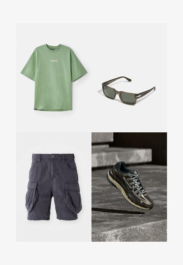 T-shirt vert à manches courtes en coton, avec un col rond et un petit logo blanc sur la poitrine. Texture lisse, coupe décontractée.; Shorts cargo en coton gris foncé, avec une coupe classique, plusieurs poches latérales et une fermeture à bouton à l'avant. Texture lisse.; Chaussure de course Nike noire et métallique foncé avec semelle beige flottant au-dessus de marches en béton gris.; Lunettes de soleil rectangulaires marron avec des verres vert foncé. Présentent des branches noires à motifs et des accents métalliques sur les côtés. Monture en plastique légère.