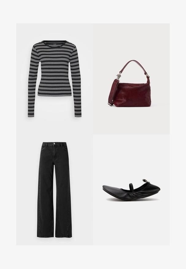Sort langærmet skjorte med hvide vandrette striber, ribbet struktur og rund halsudskæring. Tætsiddende design med lige kant.; Bredde ben sorte denimjeans med høj talje, der har klassisk fem-lomme design og knaplukning. Glat tekstur og diskrete syninger.; Sort foldet læder balletsko med en enkelt rem og sølvspænde på en ensartet lys baggrund.; Lille rektangulær burgunderfarvet håndtaske med tekstureret finish, kort hank og aftagelig skulderrem på en ensartet lys baggrund.