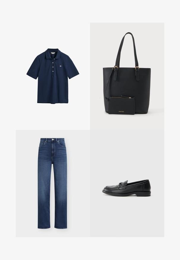 Polo bleu marine en coton, avec un col classique, une patte de boutonnage à trois boutons et un petit logo brodé sur la poitrine.; Jean en denim bleu foncé avec taille haute, coupe droite et style classique à cinq poches. Doté d'une fermeture à bouton et à glissière.; Mocassins en cuir noir avec un bout arrondi, un design cousu et un accent en nœud sur la tige. Talon bas et texture lisse.; Sac fourre-tout en cuir noir avec deux poignées et une petite pochette zippée assortie attachée, marqué Anna Field en lettres dorées.